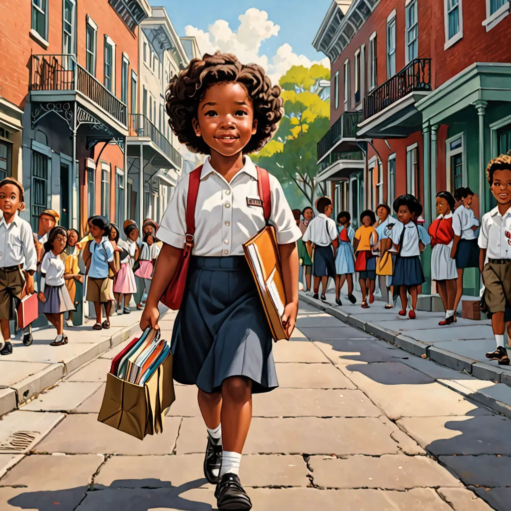 a painting of a girl walking down a street with school children in the background holding books and folders, naive art, a painting, F Scott Hess, highly detailed digital painting