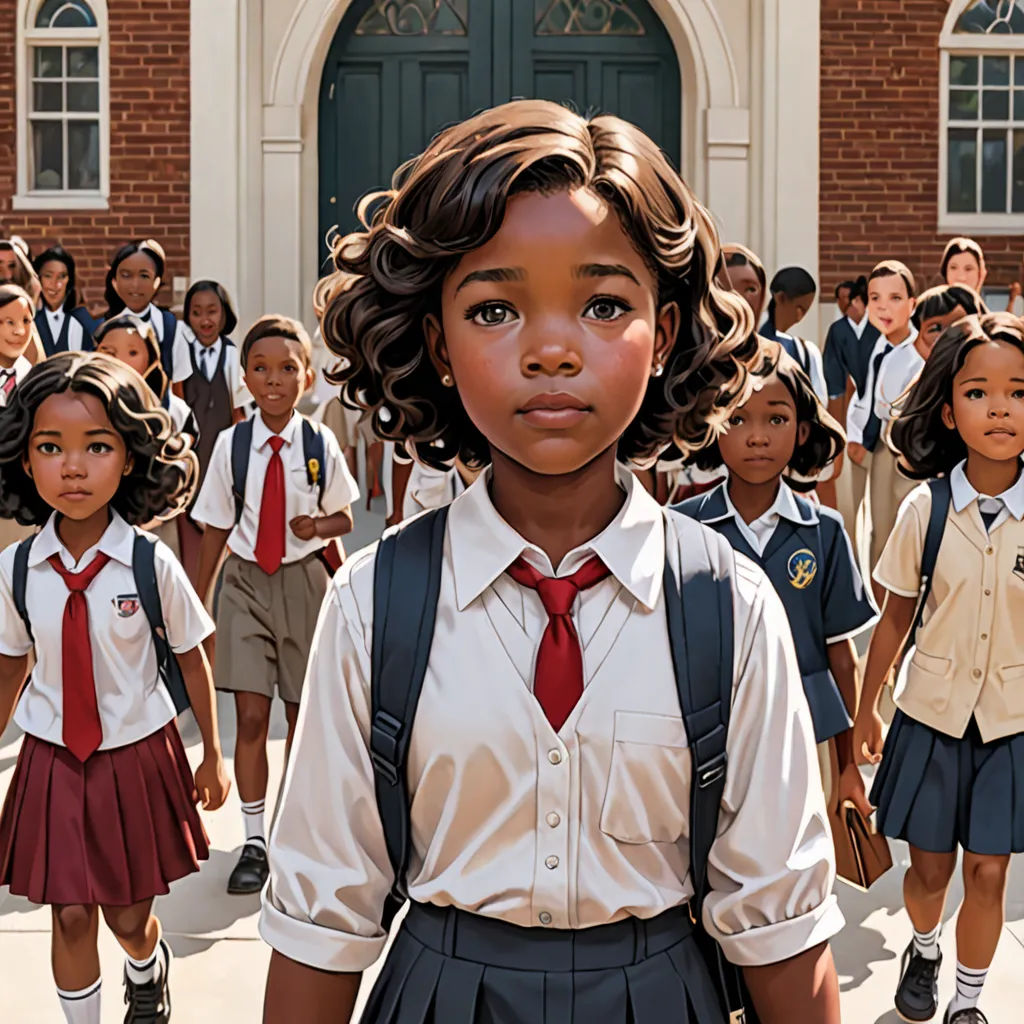 a group of children in school uniforms standing in front of a building with a door and a group of children in uniform, american realism, a hyperrealistic painting, F Scott Hess, official art