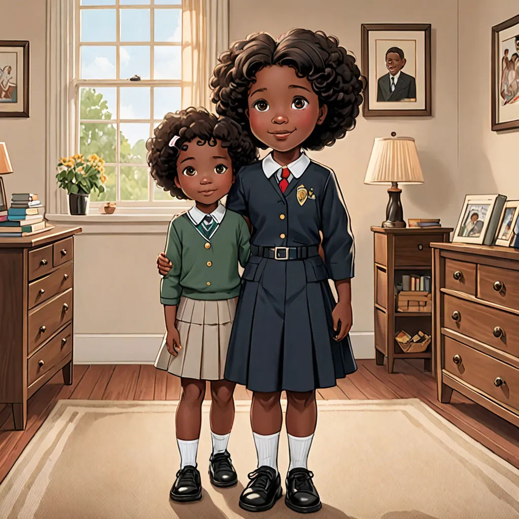 a couple of kids standing next to each other in a room with a dresser and a window in the background, serial art, a storybook illustration, Chinwe Chukwuogo-Roy, official art