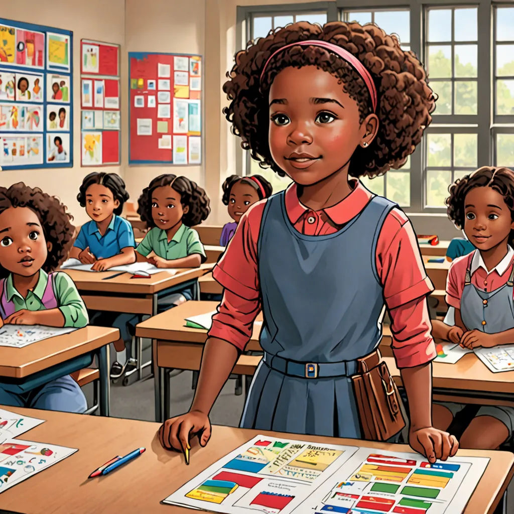 a girl standing in front of a classroom full of students with a book on her desk and a book in front of her, american scene painting, a storybook illustration, Chinwe Chukwuogo-Roy, official art