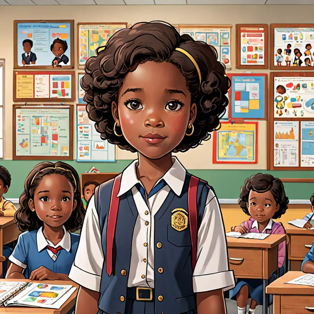 a cartoon of a girl in a classroom with other children in the background and a teacher in the foreground, harlem renaissance, a storybook illustration, Chinwe Chukwuogo-Roy, official art