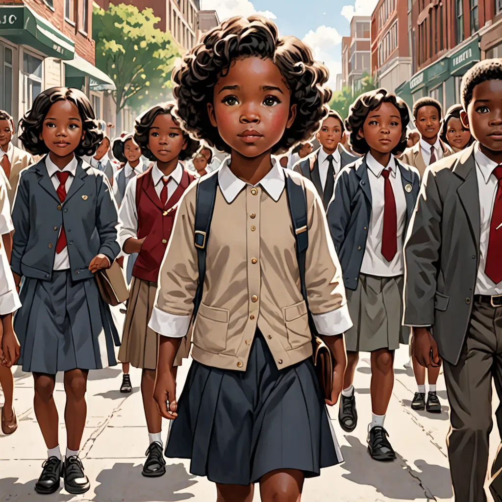 a group of children in school uniforms walking down a street together in front of a line of school children, harlem renaissance, a storybook illustration, F Scott Hess, graphic novel
