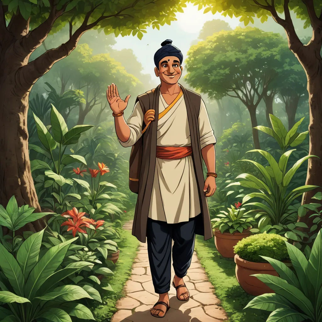 a man in a white shirt and blue pants walking through a forest with trees and plants on either side of him, samikshavad, a character portrait, Bhupen Khakhar, character portrait