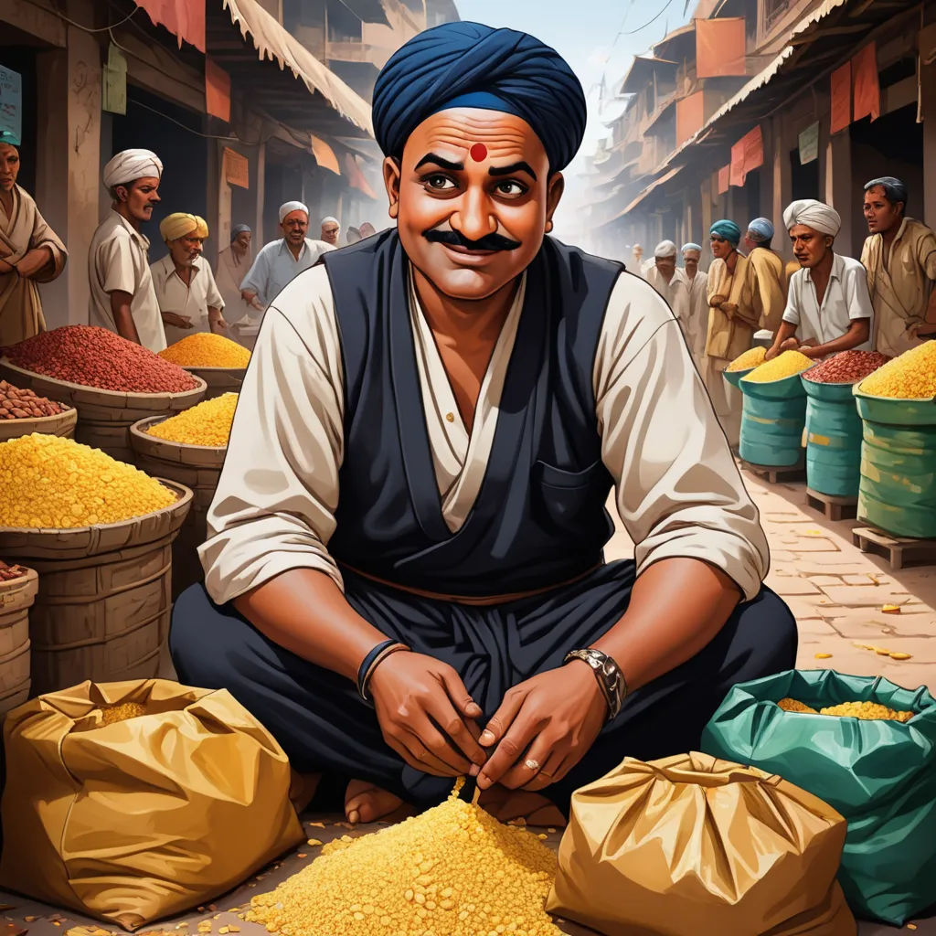 a painting of a man sitting on the ground surrounded by bags of grain and a man with a mustache, samikshavad, a character portrait, Anthony Devas, highly detailed digital painting