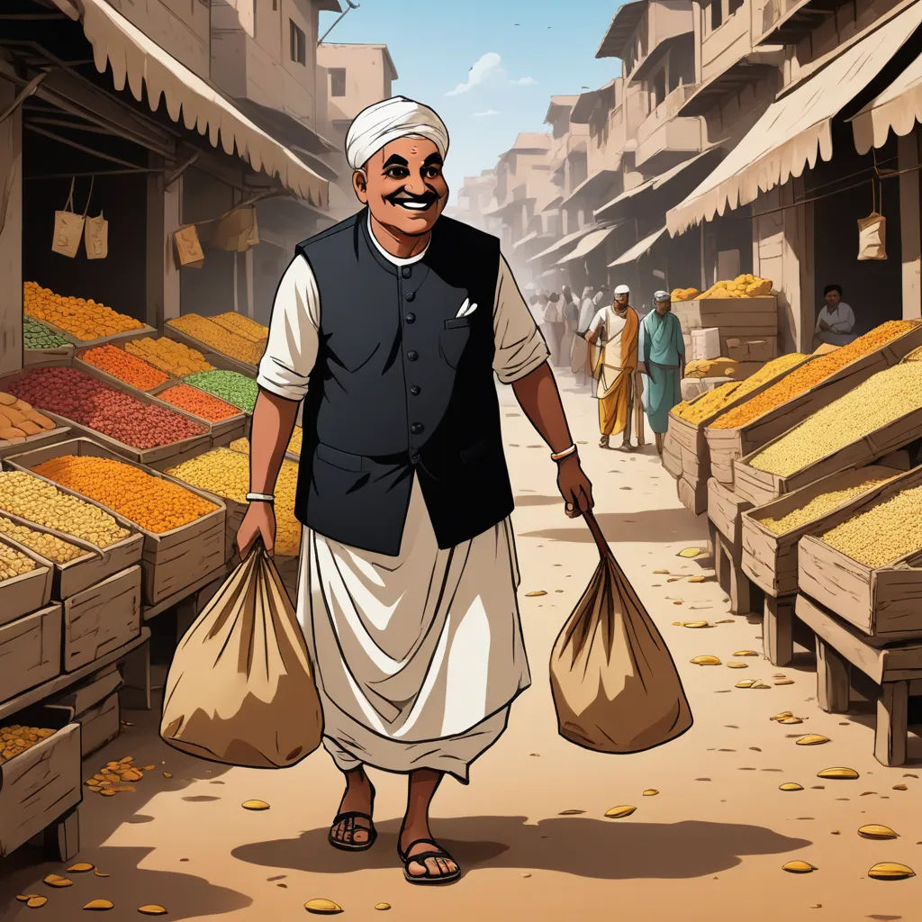a man carrying bags of grain in a market place with people walking around him and a man in a turban, samikshavad, a storybook illustration, Altoon Sultan, official art