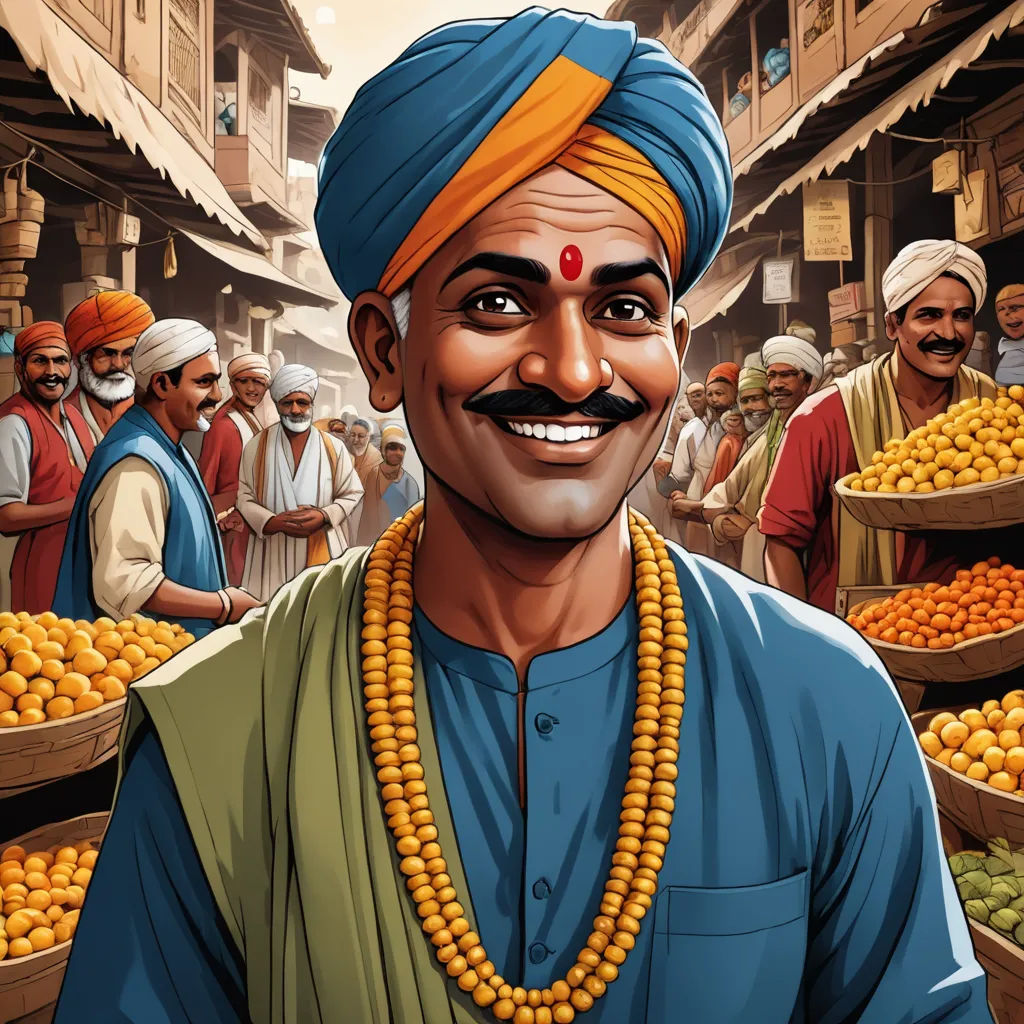 a man with a turban and a beard standing in front of a market filled with oranges, samikshavad, a character portrait, Bholekar Srihari, high detail illustration