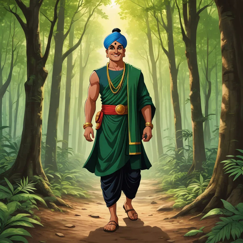 a man in a green outfit walking through a forest with trees and leaves on the ground and a trail, samikshavad, a character portrait, Bholekar Srihari, official art