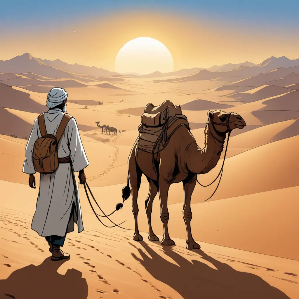 a man walking in the desert with a camel in his hand and a camel in the background with a sun in the sky, fantasy art, a storybook illustration, Asaf Hanuka, desert
