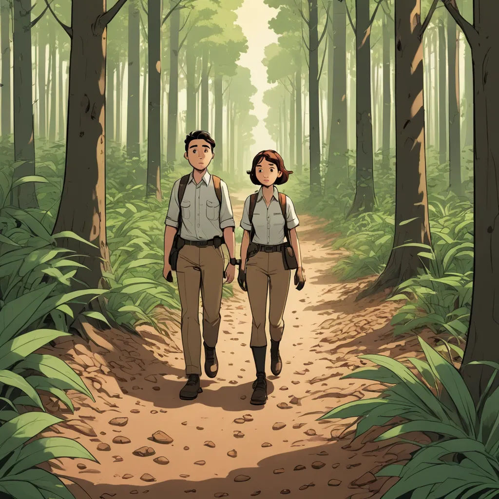 a couple of people walking down a forest path together in the woods with backpacks on their backs and a backpack on their shoulders, serial art, poster art, Atey Ghailan, official art