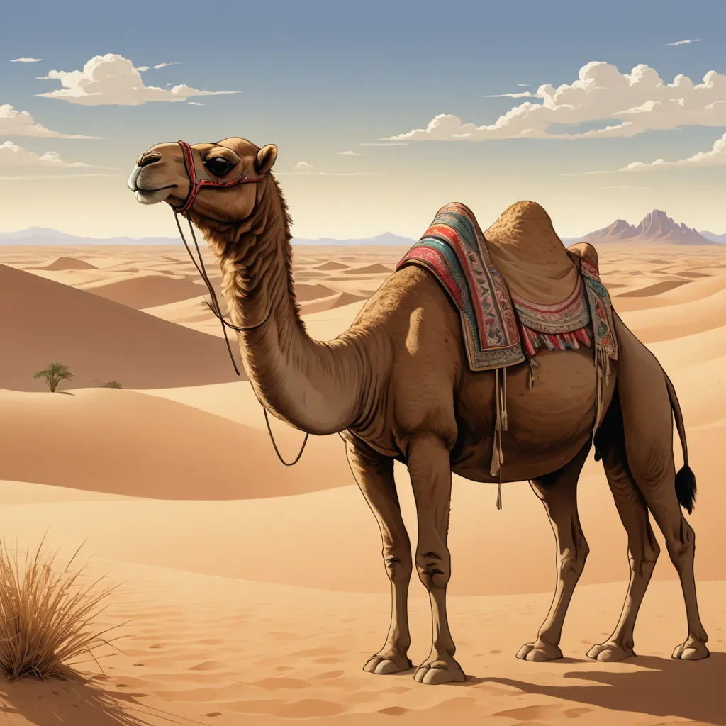 a camel standing in the desert with a sky background and clouds in the sky above it, with a desert landscape in the background, fantasy art, a detailed matte painting, Chris LaBrooy, highly detailed digital painting