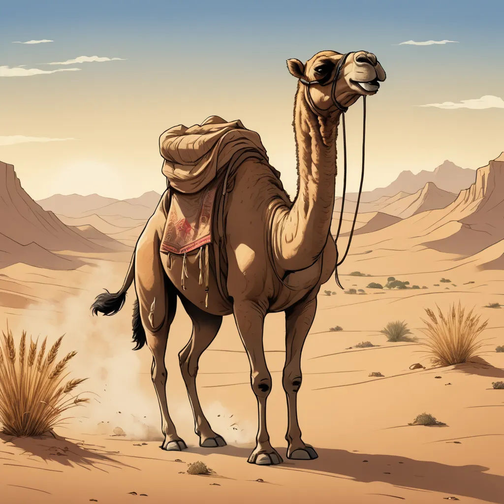 a camel standing in the desert with a desert landscape in the background and a sky with clouds above it, serial art, a storybook illustration, Chris LaBrooy, desert