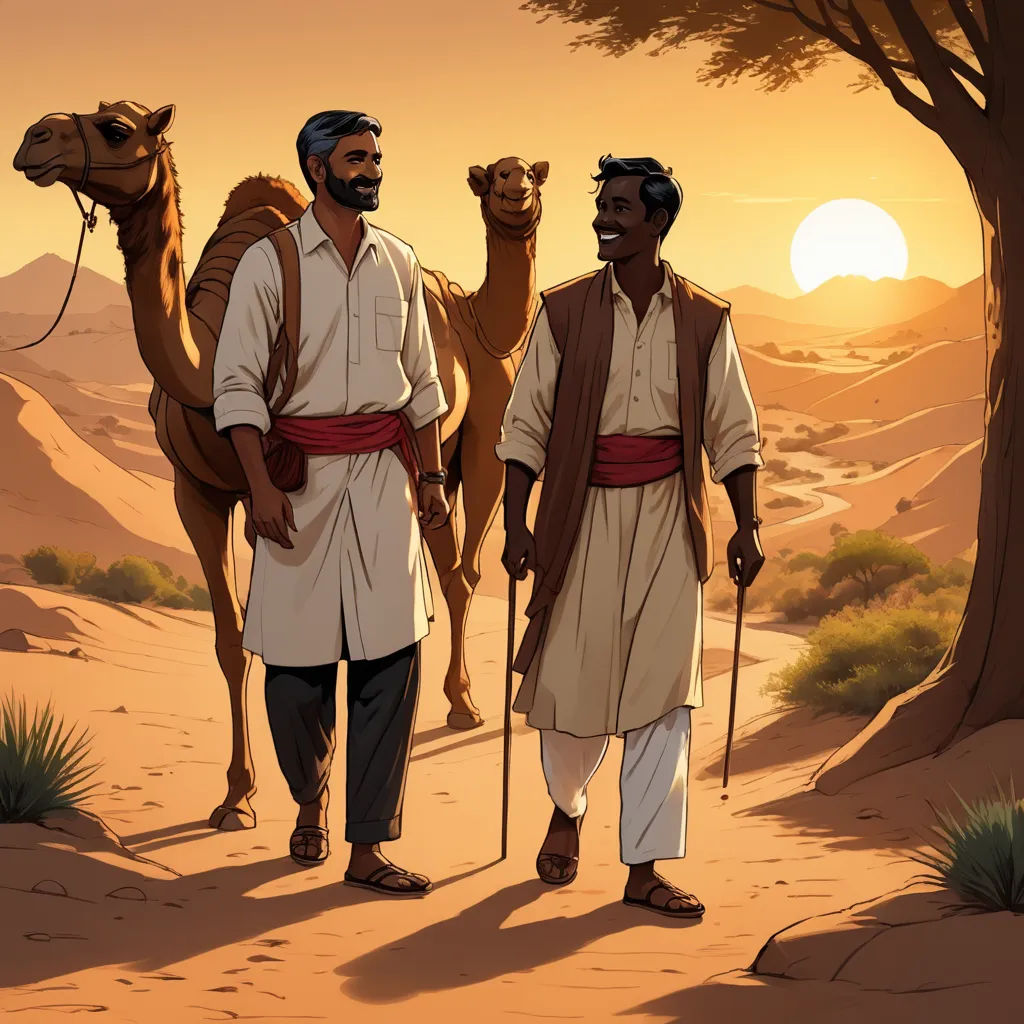 two men walking in the desert with camels in the background at sunset or dawn, with a camel in the foreground, hurufiyya, a storybook illustration, Asaf Hanuka, desert