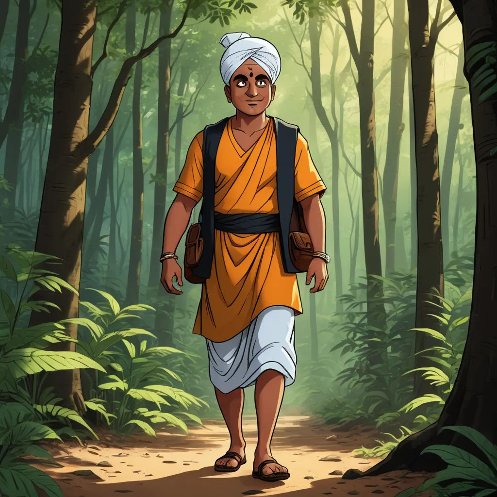 a man in a yellow shirt and white turban walking through a forest with trees and bushes on either side, samikshavad, a character portrait, Bholekar Srihari, character portrait