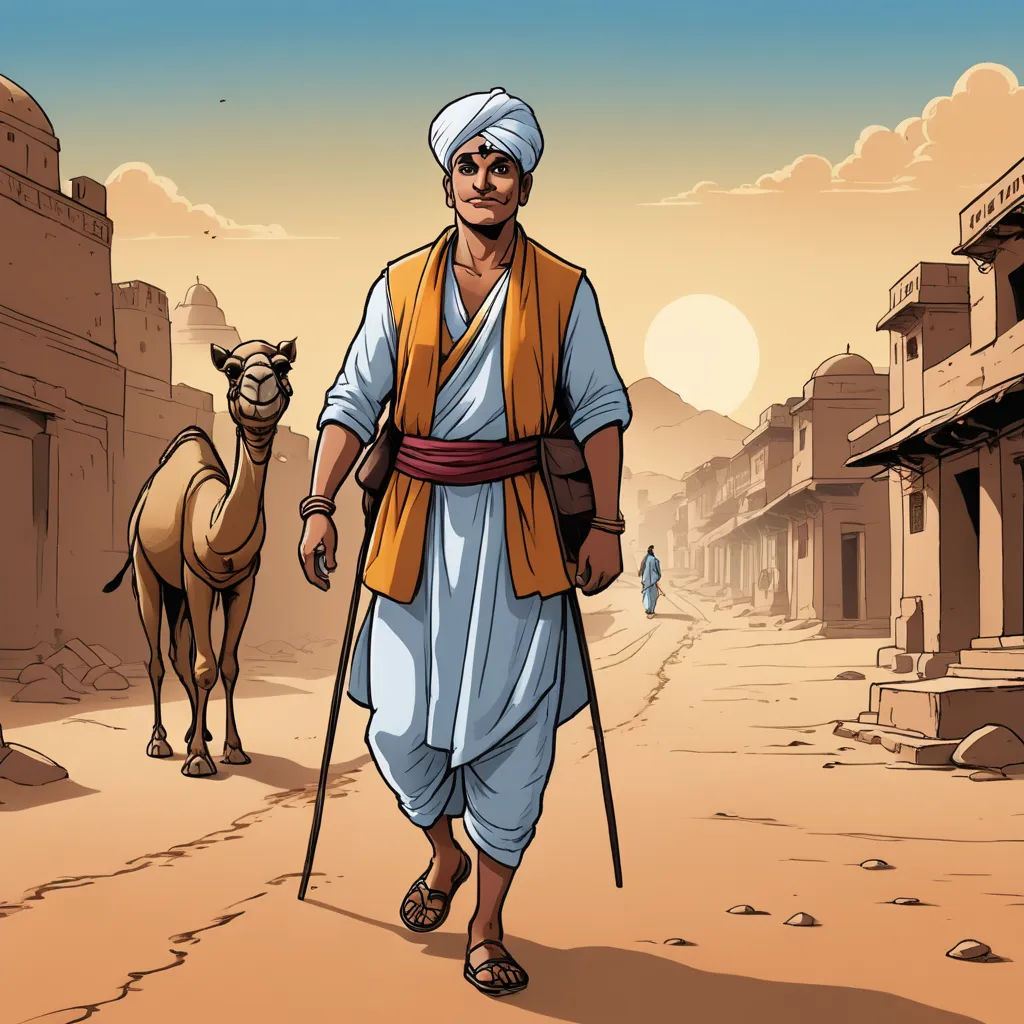 a man walking down a street with a camel in the background and a man in a turban, samikshavad, a character portrait, Altoon Sultan, comic cover art