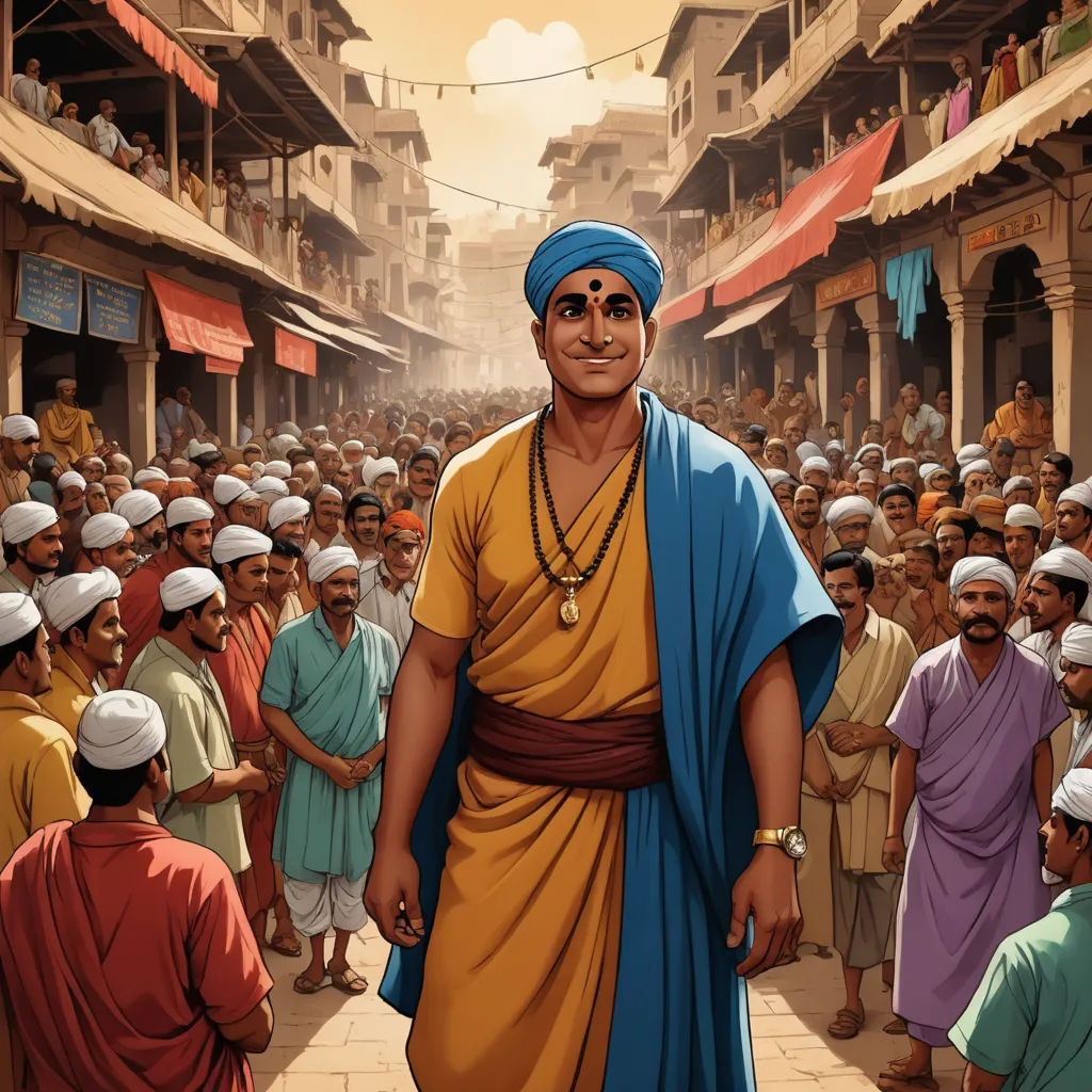 a painting of a man in a blue and yellow outfit standing in front of a crowd of people in india, samikshavad, a character portrait, Bholekar Srihari, official art
