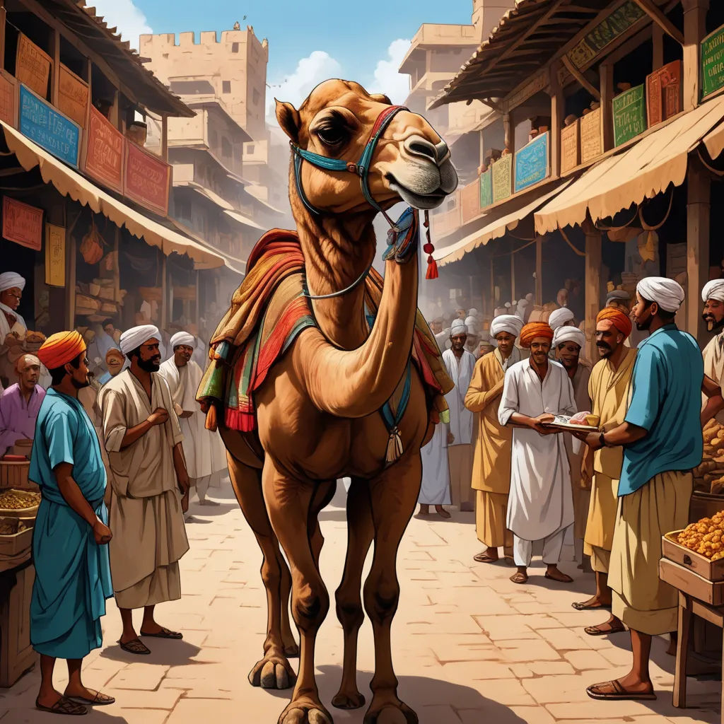 a camel is standing in a street with people around it and a man in a turban is standing next to it, magical realism, a storybook illustration, Clint Cearley, orientalism