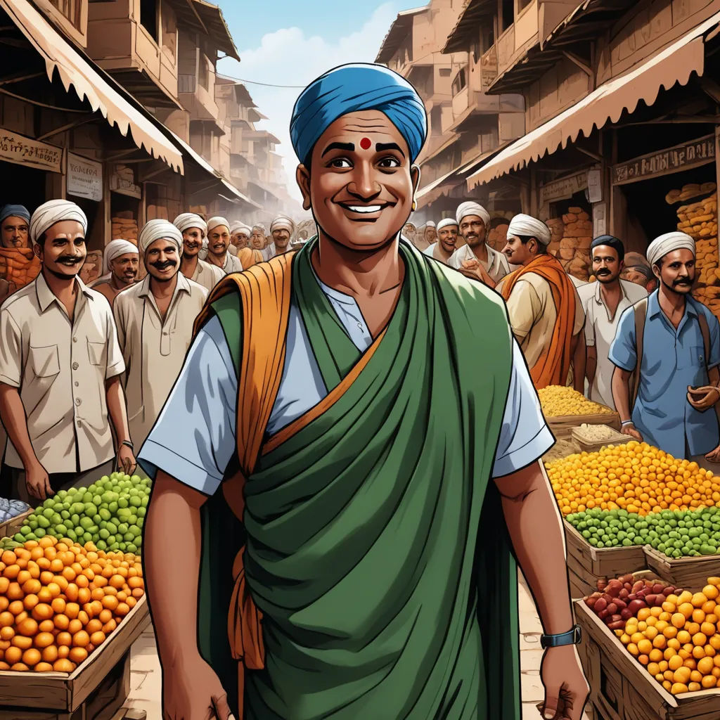 a man in a green sari standing in front of a market filled with oranges and other fruit, samikshavad, a storybook illustration, Ella Guru, promotional image