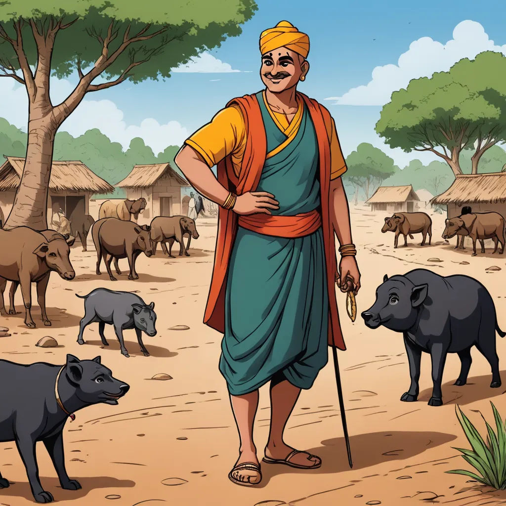 a man standing in front of a herd of animals in a field with a tree and a hut in the background, samikshavad, a character portrait, Bapu, official art