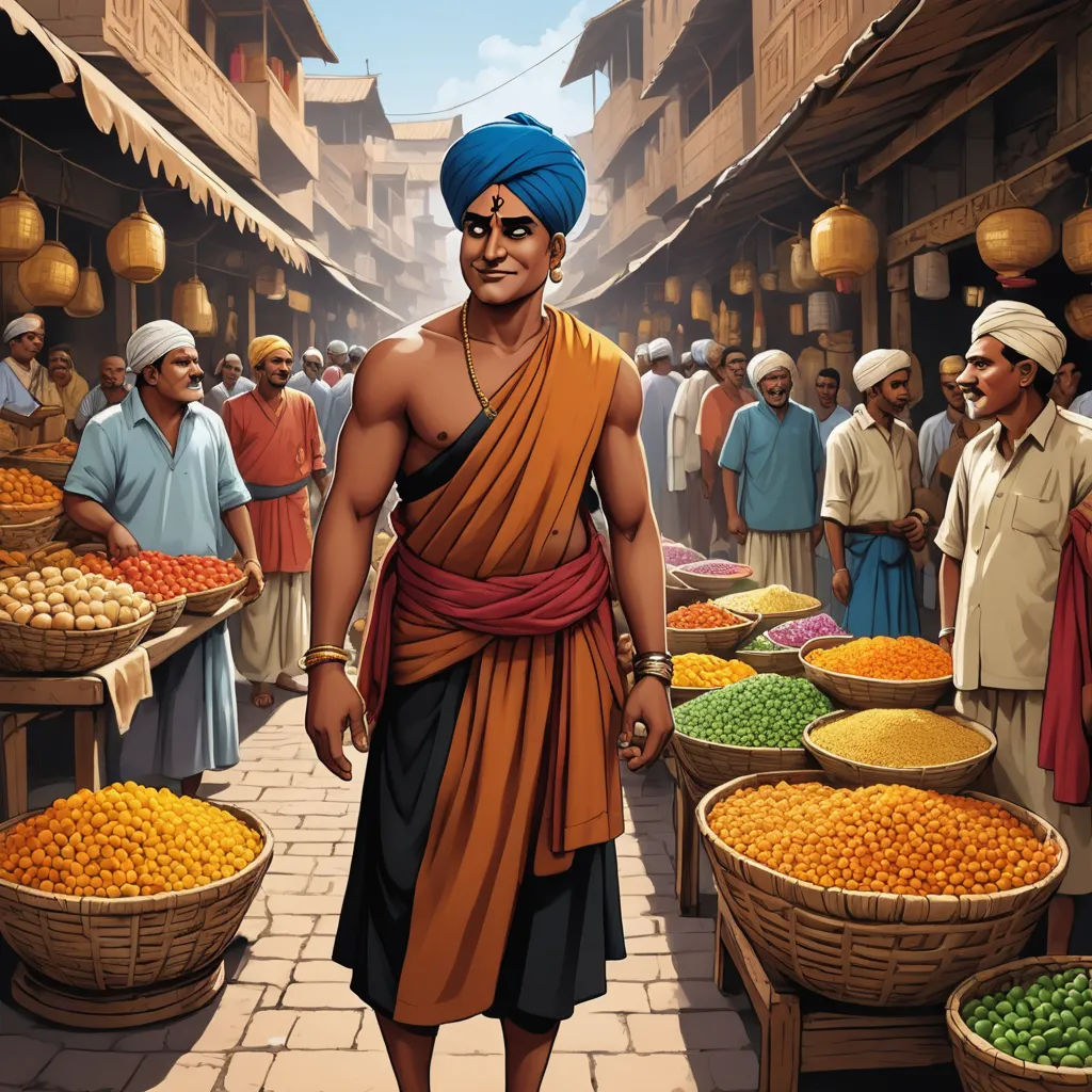 a man in a blue turban standing in a market with lots of oranges and other fruits, samikshavad, a character portrait, Altoon Sultan, orientalism
