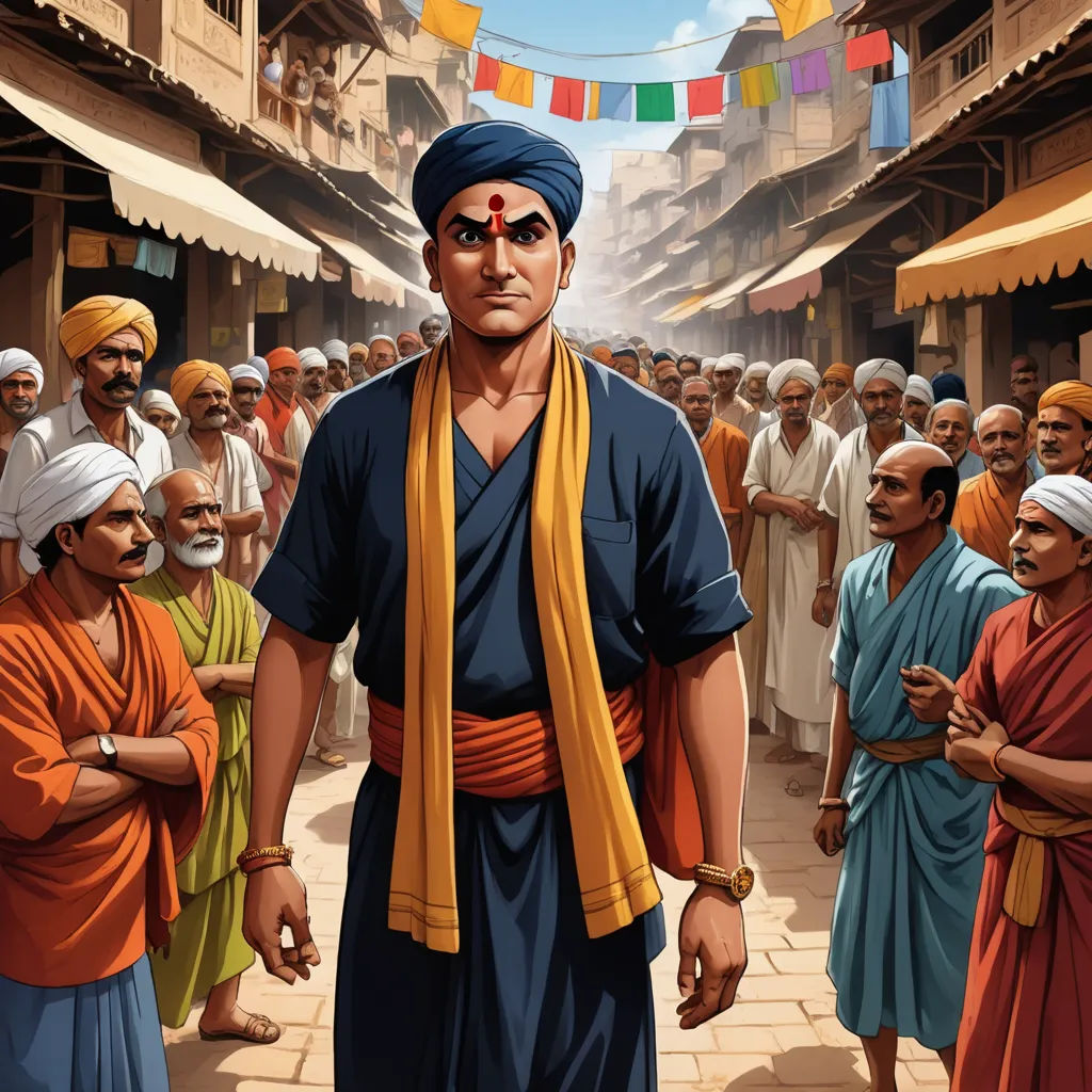 a painting of a man in a blue turban and a yellow scarf standing in front of a crowd of men, samikshavad, a character portrait, Bholekar Srihari, official art