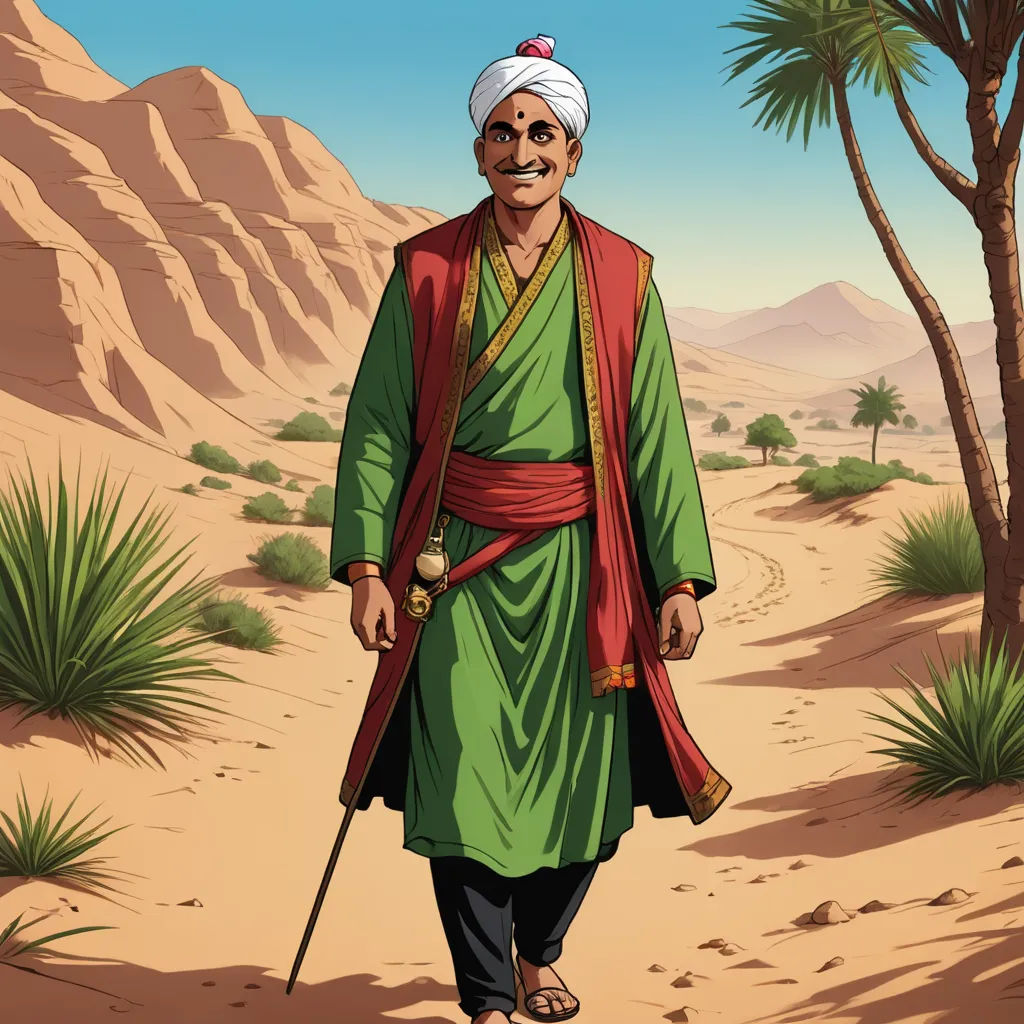 a man in a green outfit walking through the desert with a stick in his hand and a desert landscape behind him, hurufiyya, a character portrait, Altoon Sultan, character portrait