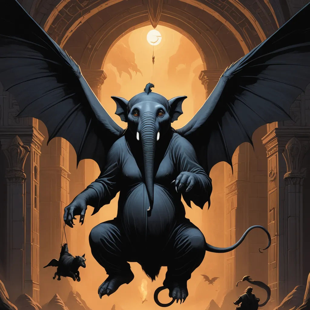 a cartoon of a demon with a huge head and huge wings, standing in a dark cave with other creatures, fantasy art, a storybook illustration, Art of Brom, dark fantasy art