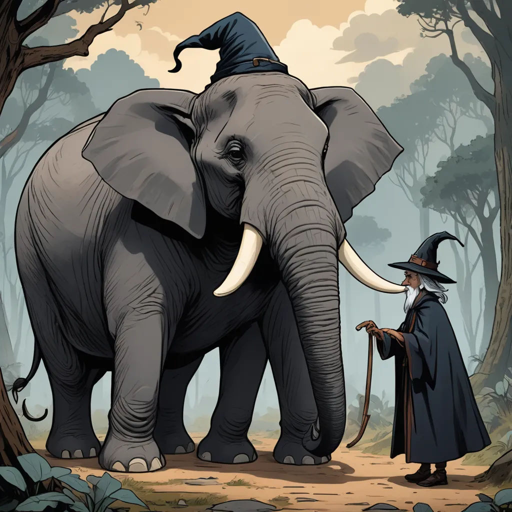 a wizard standing next to an elephant in a forest with trees and leaves on the ground, with a wizard hat on its head, fantasy art, a storybook illustration, Art of Brom, storybook illustration