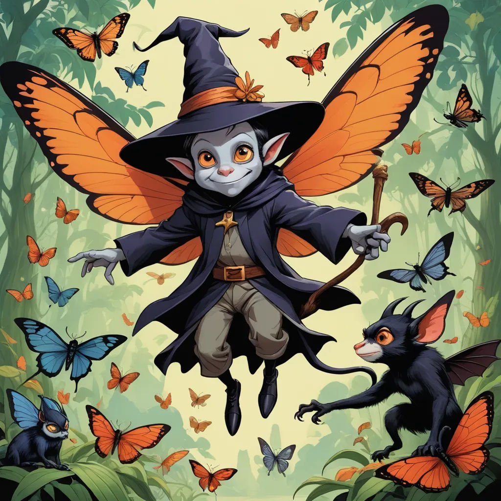 a cartoon character dressed as a witch with a broom and a cat in a forest with butterflies around her, fantasy art, a storybook illustration, Cliff Childs, comic cover art
