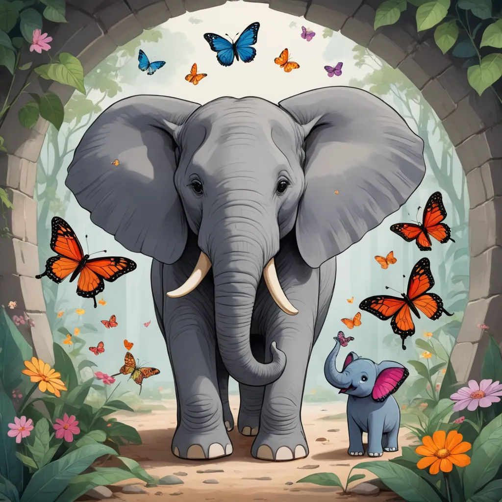 a picture of an elephant and a baby elephant in a tunnel with butterflies around it and a butterfly on the wall, magical realism, a storybook illustration, Chris LaBrooy, storybook illustration