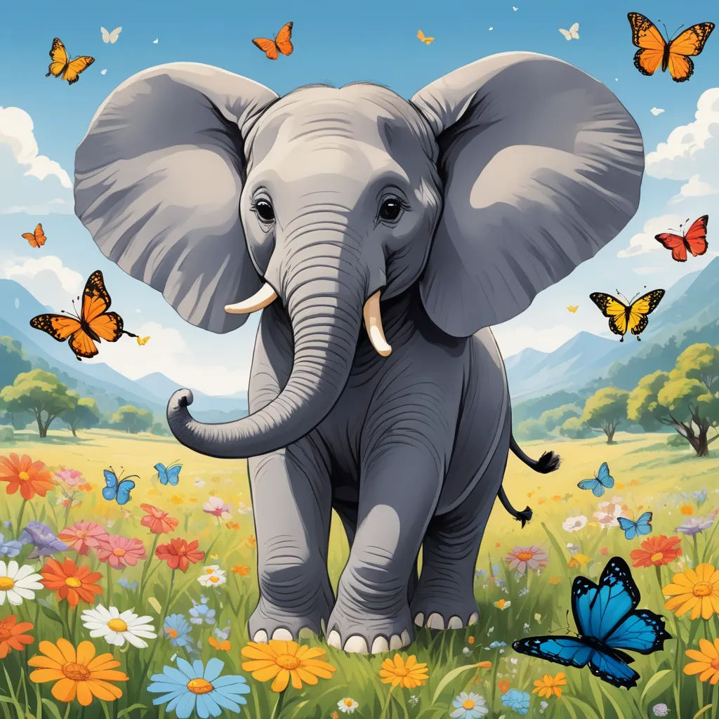 a picture of an elephant in a field of flowers and butterflies with a butterfly in the background and a butterfly in the foreground, naive art, a storybook illustration, Chris LaBrooy, highly detailed digital painting
