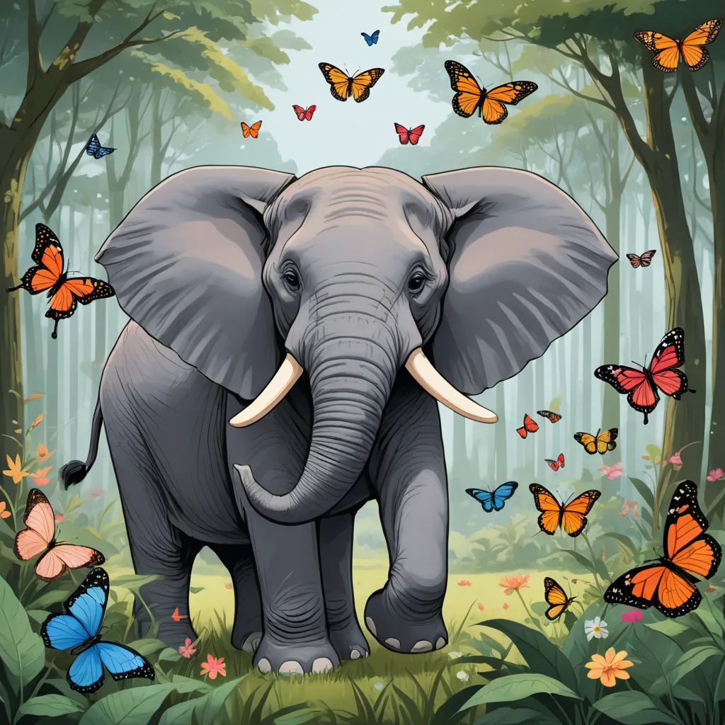 a picture of an elephant in the middle of a forest with butterflies around it and a butterfly on the ground, magical realism, a storybook illustration, Chris LaBrooy, detailed illustration