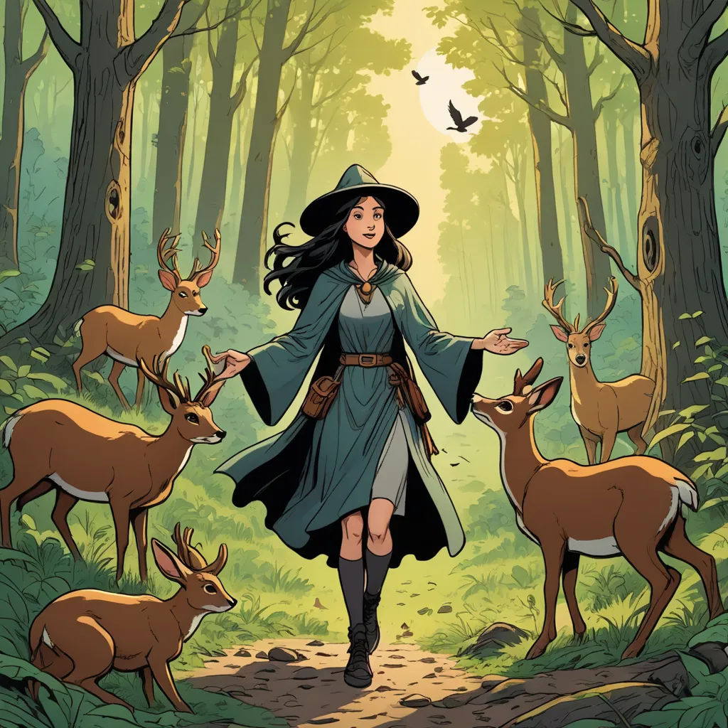 a woman in a long coat and hat walking through a forest with deers and birds around her, with a bird flying overhead, fantasy art, a storybook illustration, Colin Middleton, josan gonzales and dan mumford