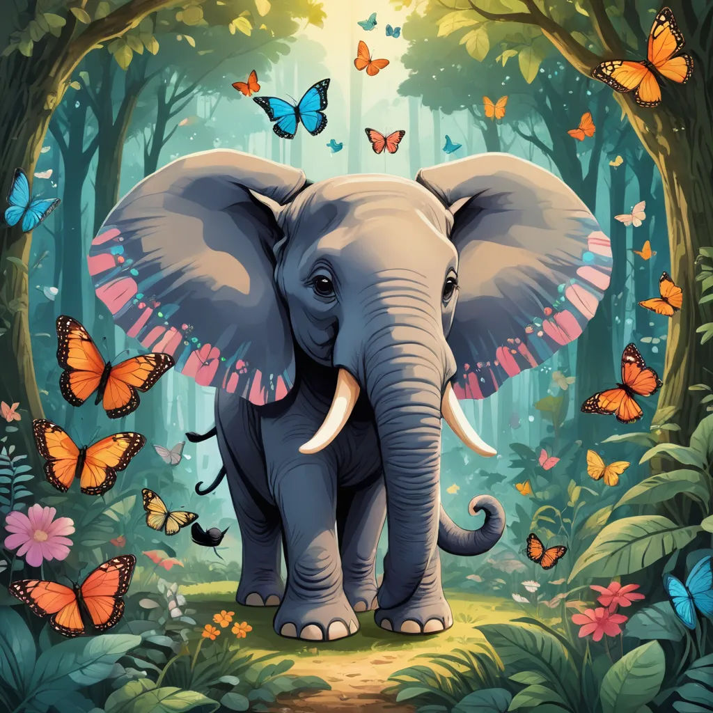 a picture of an elephant in the middle of a forest with butterflies around it and a butterfly on the back of the elephant, magical realism, a storybook illustration, Chris LaBrooy, highly detailed digital painting