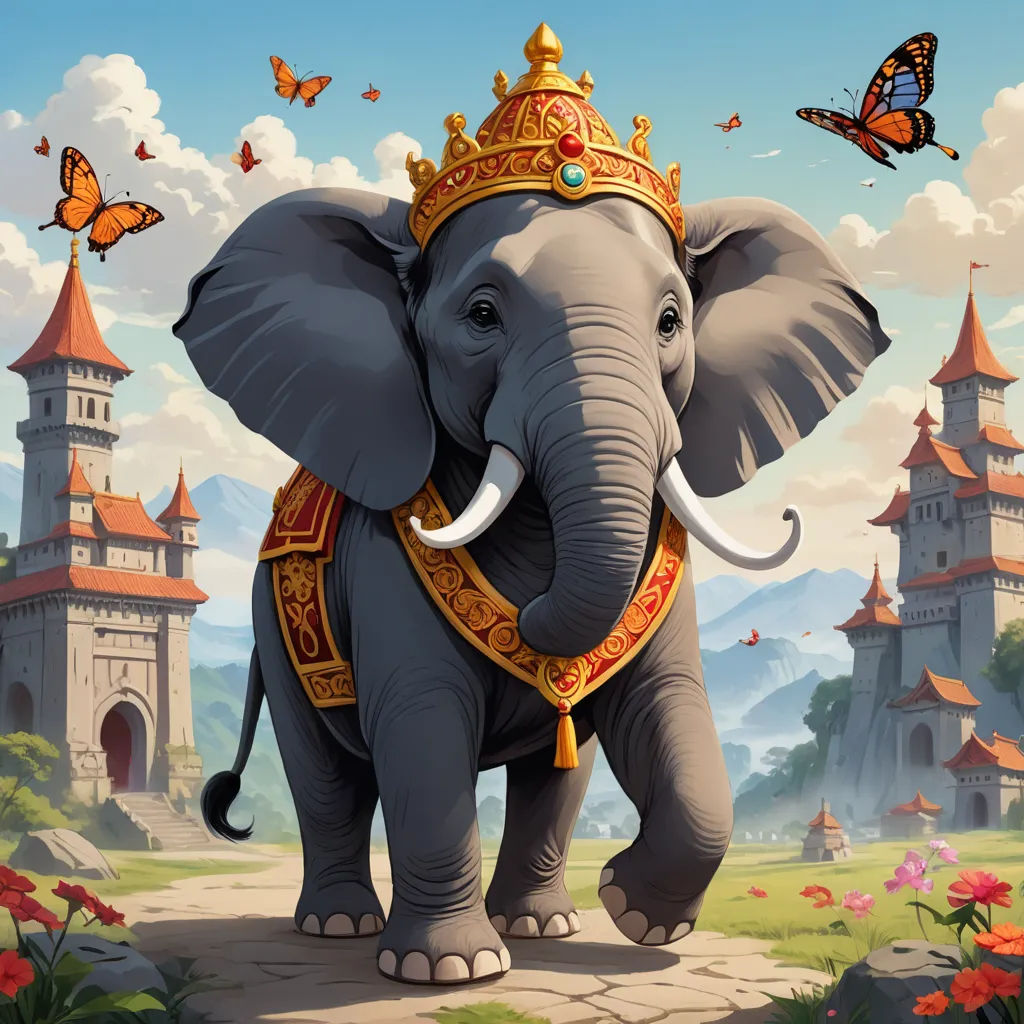 a painting of an elephant with a crown on its head and butterflies flying around it, in front of a castle, fantasy art, a storybook illustration, Chris LaBrooy, magic the gathering artwork