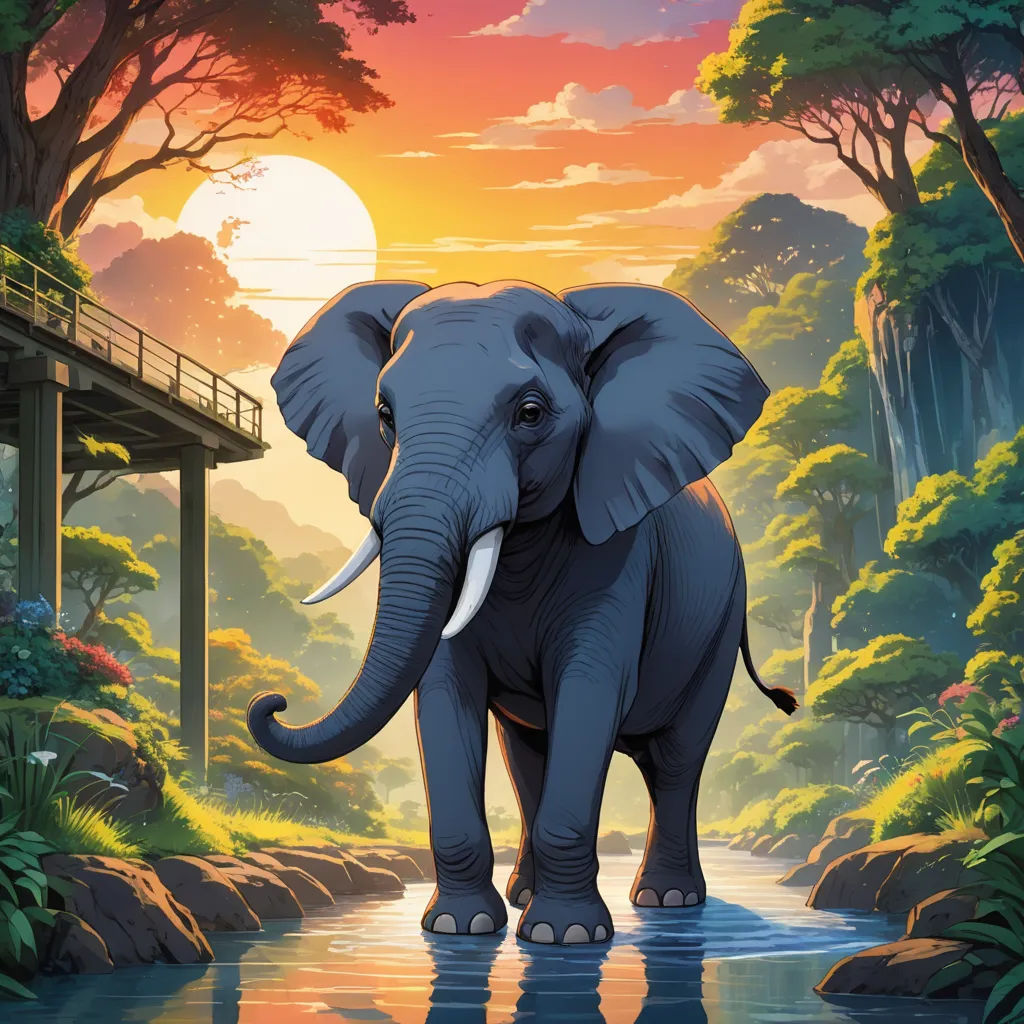 an elephant is standing in the water near a bridge and trees with a bridge in the background and a sunset, magical realism, a storybook illustration, Chris LaBrooy, highly detailed digital painting
