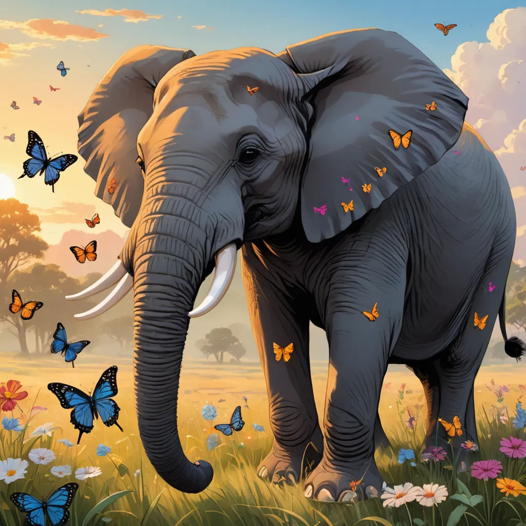 a painting of an elephant with butterflies around it's neck and tusks on its back, in a field of grass and flowers, magical realism, a storybook illustration, Chris LaBrooy, highly detailed digital painting