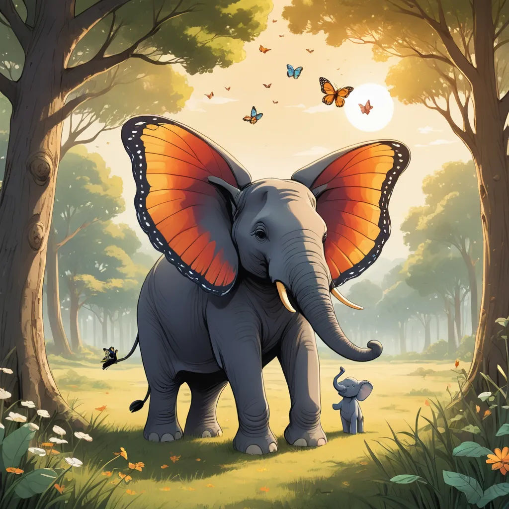 a painting of an elephant and a baby elephant in a forest with butterflies flying around it's head, magical realism, a storybook illustration, Chris LaBrooy, storybook illustration