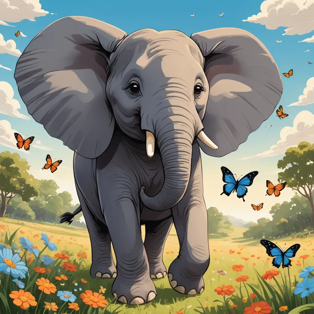 a cartoon elephant standing in a field with butterflies around it and a sky background with clouds and trees and flowers, magical realism, a storybook illustration, Chris LaBrooy, official art