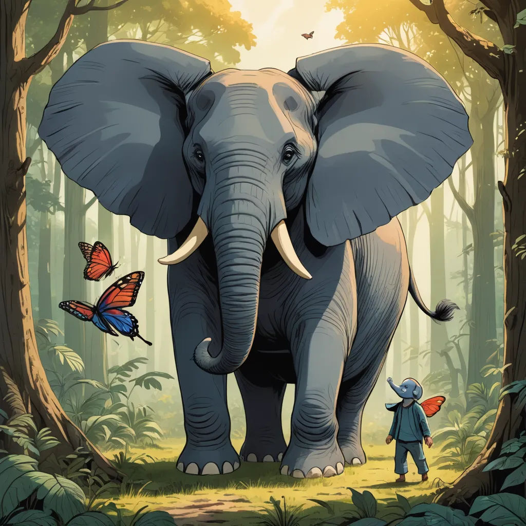 a painting of an elephant and a boy in the woods with butterflies on their ears and a butterfly on their trunk, magical realism, a storybook illustration, Amédée Ozenfant, storybook illustration