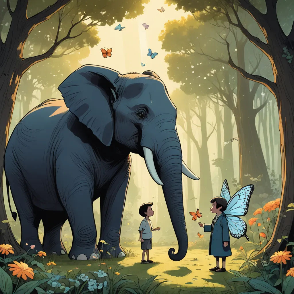 a boy and an elephant in a forest with butterflies on their backs and a butterfly on their trunk,, magical realism, a storybook illustration, Chris LaBrooy, storybook illustration