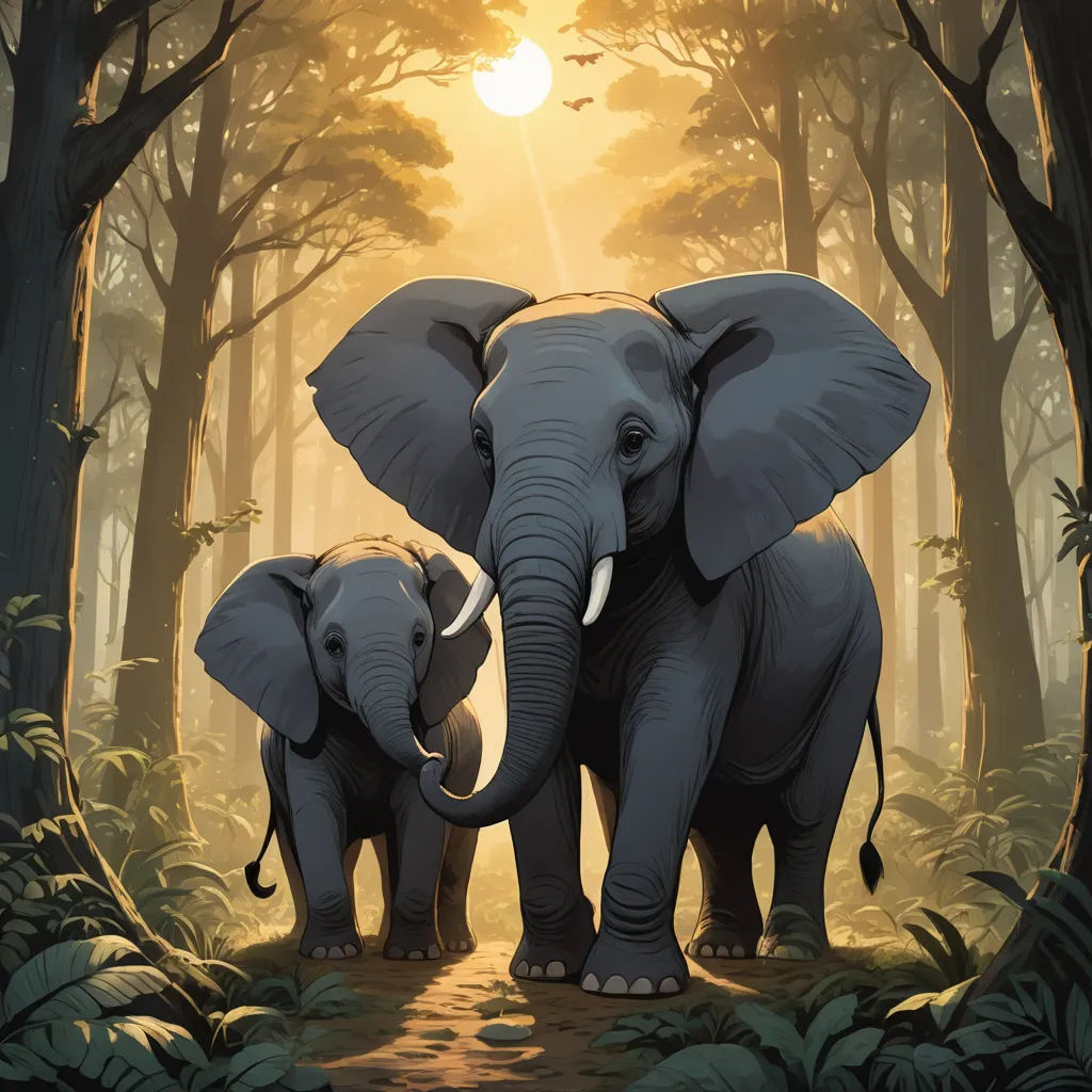 two elephants are standing in the middle of a forest with the sun shining through the trees behind them and the trees are all around them, sumatraism, a storybook illustration, Chris LaBrooy, highly detailed digital painting