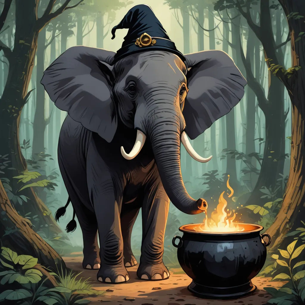 an elephant with a hat on its head standing next to a pot of fire in the woods with a trunk on its head, magic realism, a storybook illustration, Chris LaBrooy, fantasy illustration