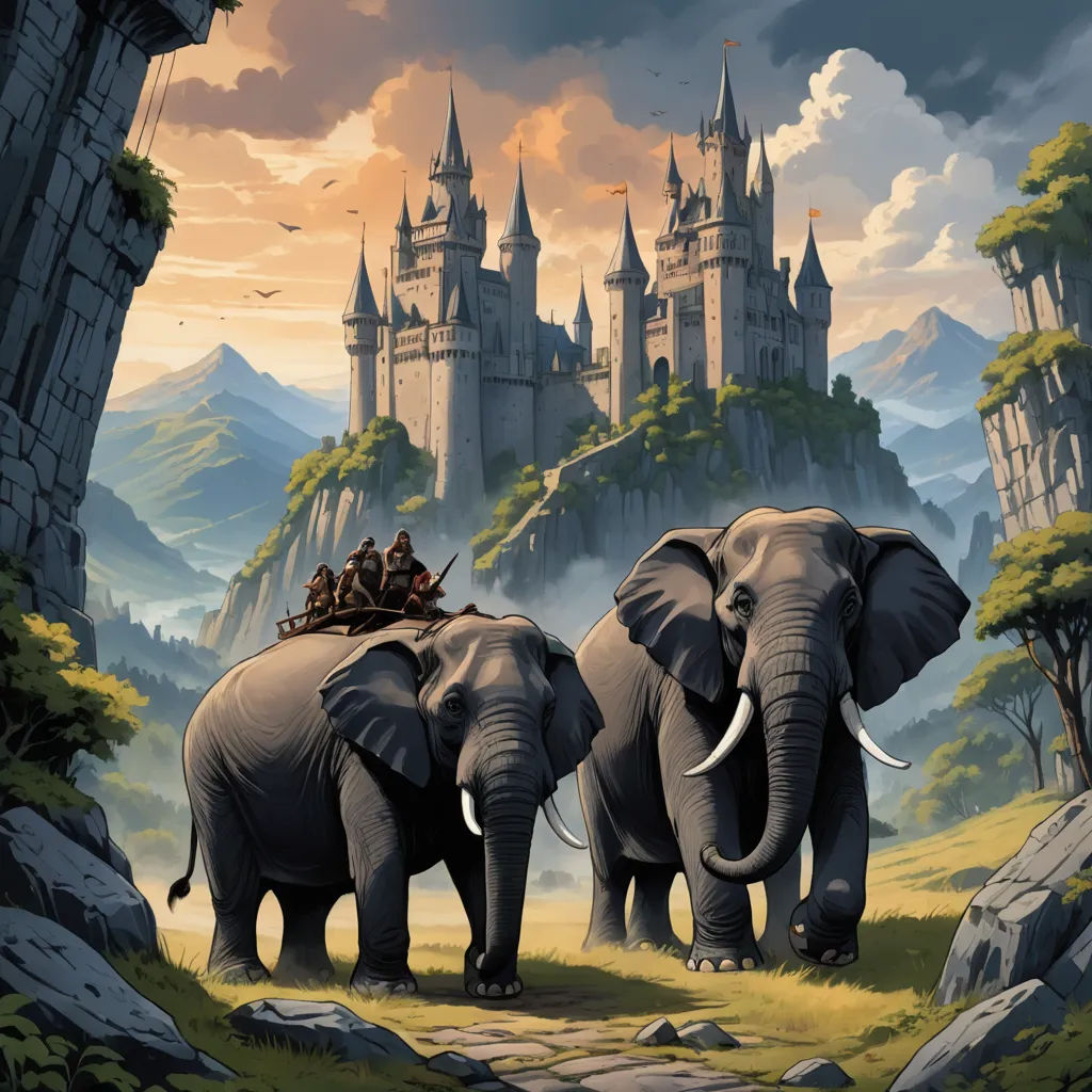 two elephants with people riding on their backs in front of a castle with a sky background and a mountain, fantasy art, a detailed matte painting, Christophe Vacher, magic the gathering artwork