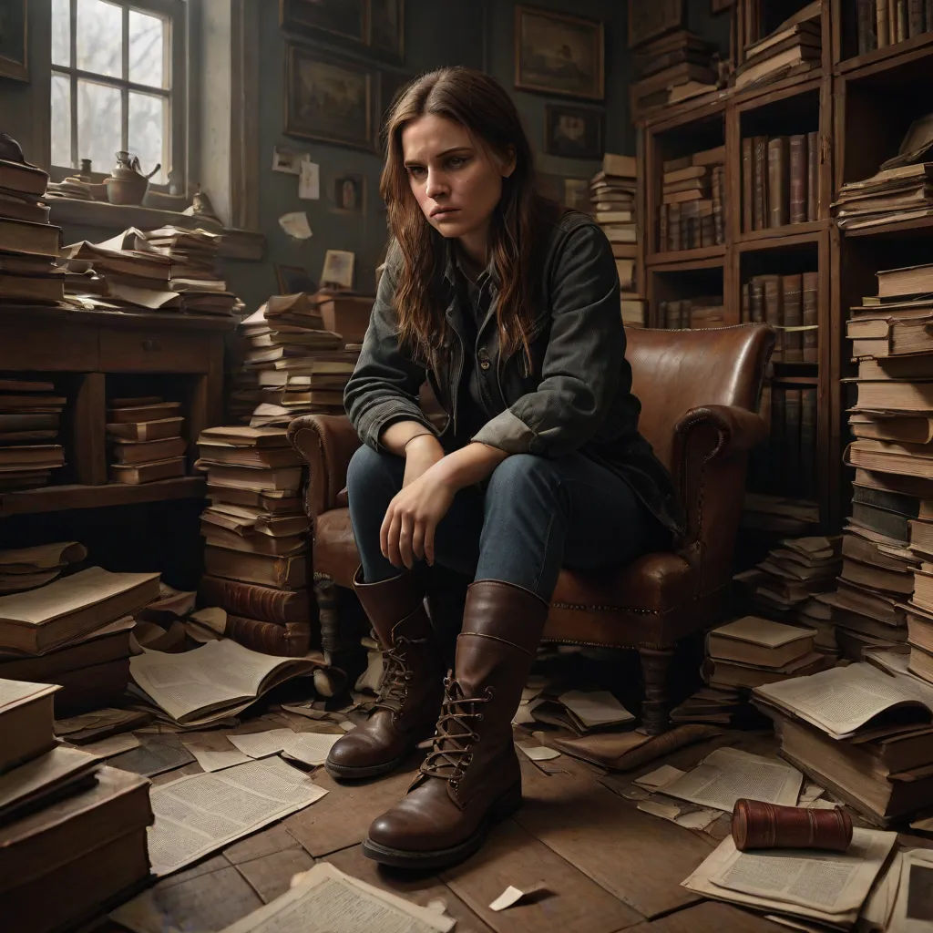 a woman sitting in a chair surrounded by books in a library filled with books and papers on the floor, Clarice Beckett, visual art, a character portrait, promotional image