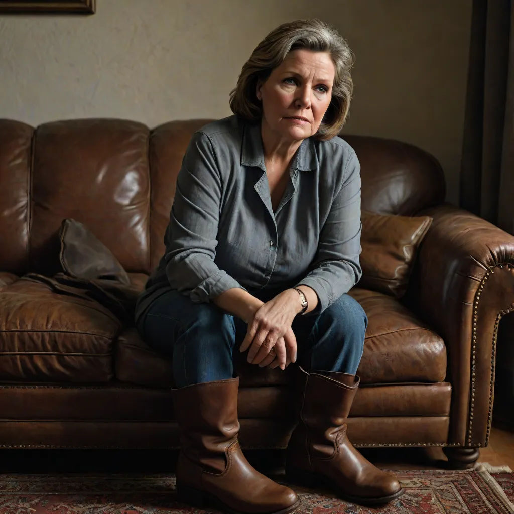 a woman sitting on a couch in a room with a rug and a brown leather couch and a brown chair, Alison Watt, american realism, a character portrait, promotional image