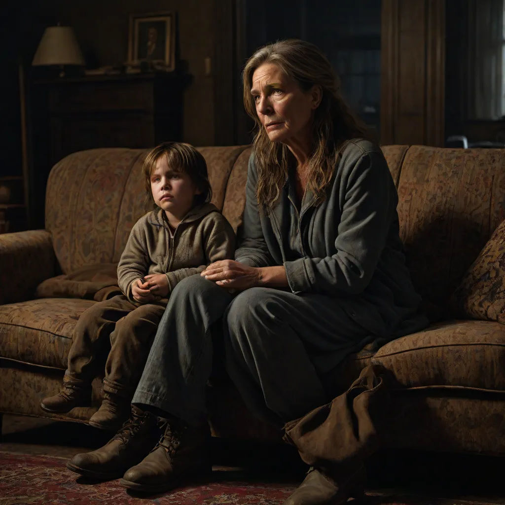 a woman and a child sitting on a couch in a living room together, looking at the camera, with a dark background, Clarice Beckett, american realism, a detailed matte painting, promotional image