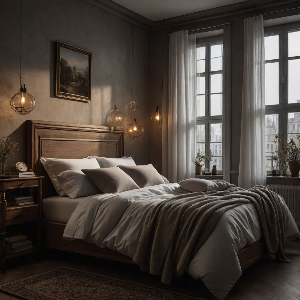 a bed with a blanket and pillows in a room with a large window and a rug on the floor, Evgeny Lushpin, arts and crafts movement, a 3D render, unreal render