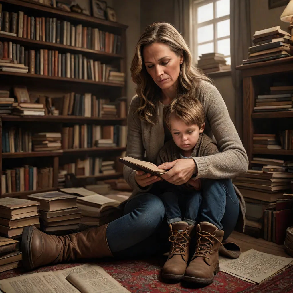 a woman and a child are reading a book together in a library full of books and bookshelves, Clarice Beckett, art & language, a storybook illustration, promotional image