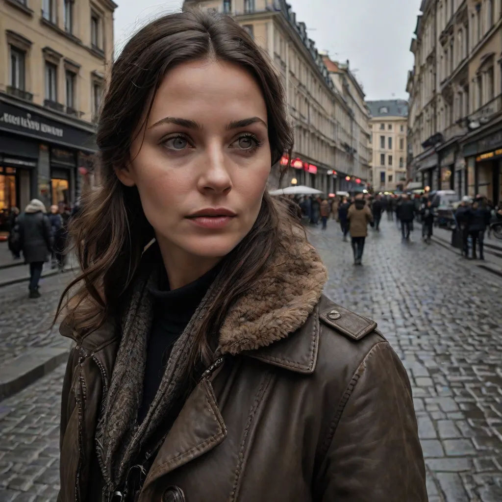 a woman in a leather jacket is standing on a street corner with a crowd of people walking by her, Adrienn Henczné Deák, serial art, a character portrait, promotional image
