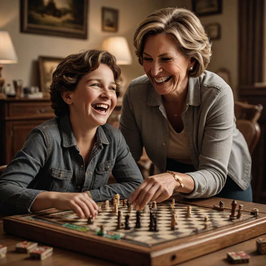 a woman and a child playing a game of chess together in a living room with a wooden table and chairs, Eugeen Van Mieghem, art informel, a stock photo, promotional image